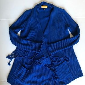 St. John 100% Cashmere Blue Fringed Open Cardigan